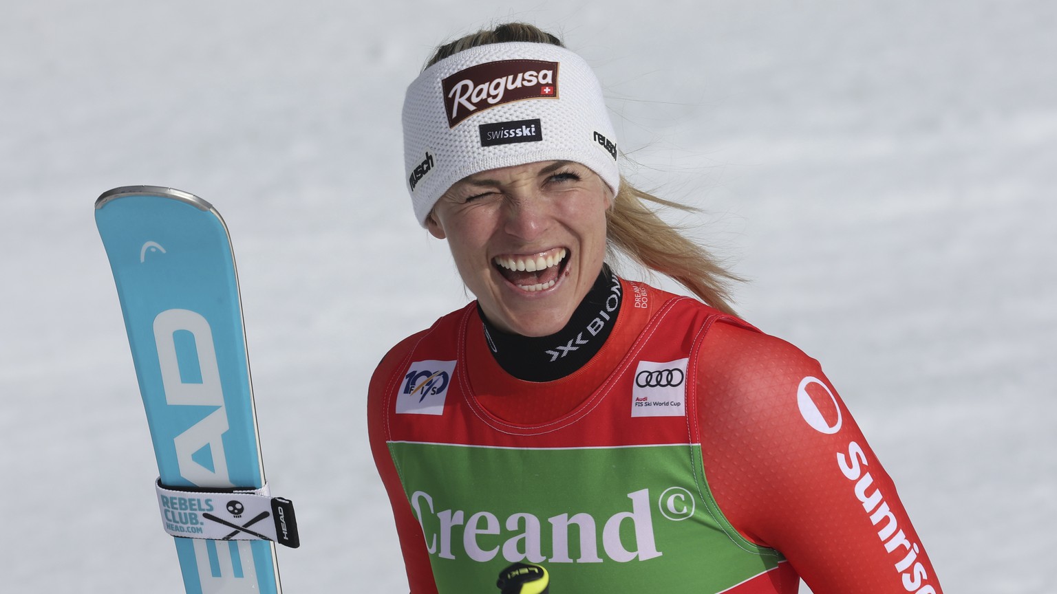 Switzerland&#039;s Lara Gut Behrami reacts after winning an alpine ski, women&#039;s World Cup giant slalom race, in Soldeu, Andorra, Saturday, Feb. 10, 2024. (AP Photo/Marco Trovati)