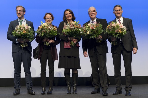 Die nach dem ersten Wahlgang gewaehlten Regierungsraete des Kantons Basel-Stadt Conradin Cramer, neu (LDP), Eva Herzog, bisher (SP), Elisabeth Ackermann, neu (Gruene), Christoph Brutschin, bisher (SP) ...