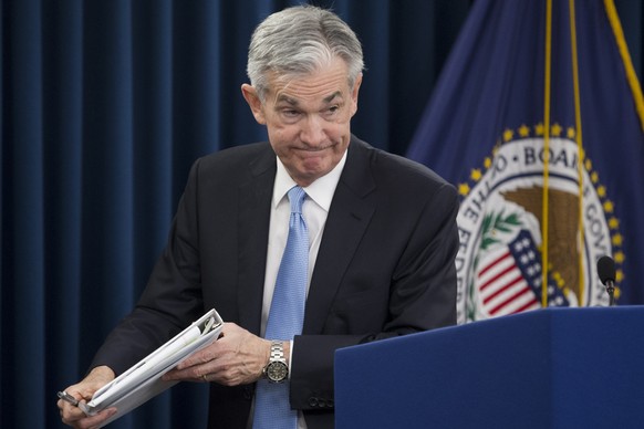 epa07451572 US Federal Reserve Board Chairman Jerome Powell leaves at the conclusion of a news conference following a Federal Open Market Committee meeting in Washington, DC, USA, 20 March 2019. The F ...