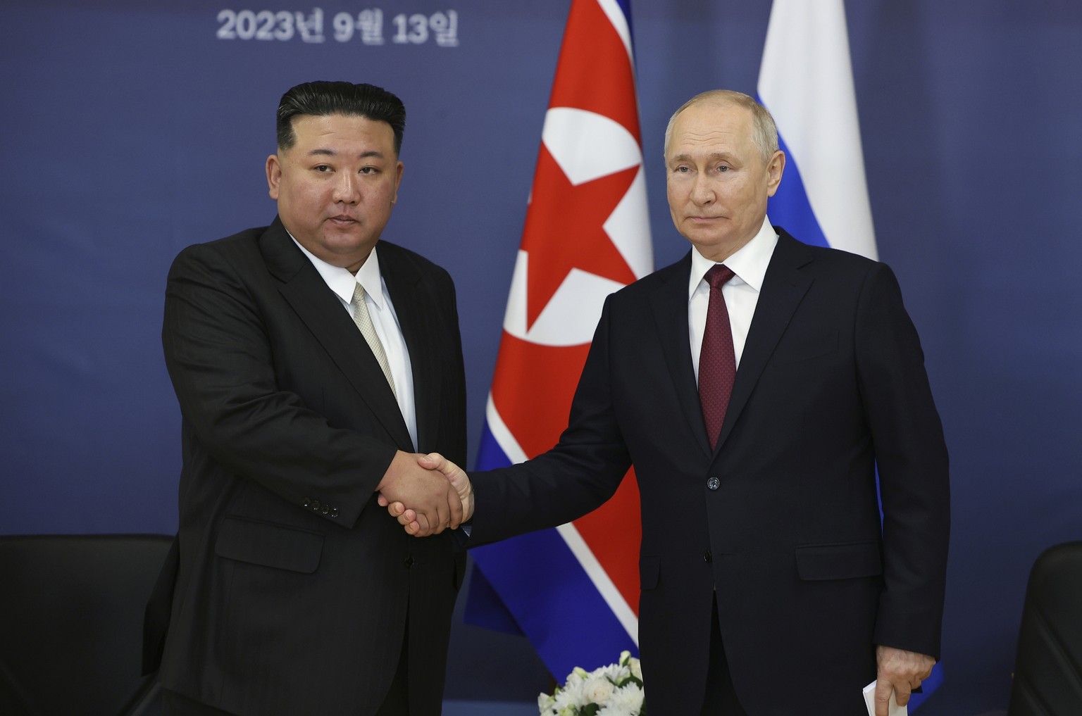 FILE - Russian President Vladimir Putin, right, and North Korea&#039;s leader Kim Jong Un shake hands during their meeting at the Vostochny cosmodrome outside the city of Tsiolkovsky, about 200 kilome ...