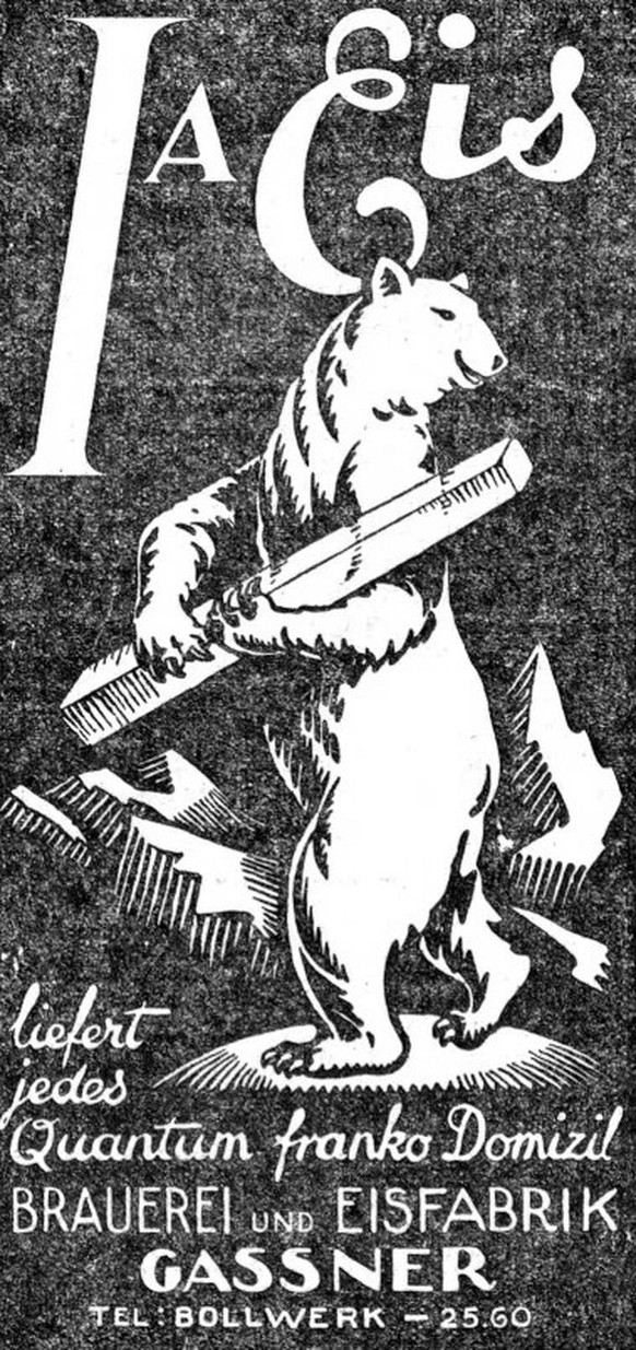 Werbung der Berner Brauerei Gassner für ihre Eislieferungen, 1928.
https://www.e-newspaperarchives.ch/?a=d&amp;d=TGW19280627-01.2.21.24.4&amp;dliv=none&amp;e=-------de-20--1--img-txIN--------0-----