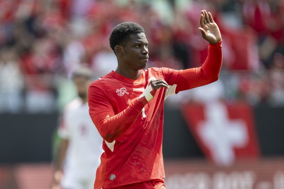 Switzerland's Breel Embolo celebrates after scoring 1-0 during the friendly soccer match between Switzerland and Jordan, at the kybunpark, in St. Gallen, Switzerland, Sunday, May 31, 2026. (KEYST ...