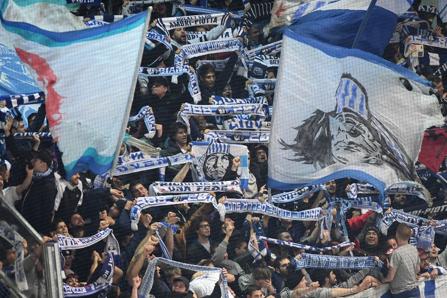 Ambri&#039;s fan celebrate victory at the end of the preliminary, round game of National League Swiss Championship 2018/19 between HC Lugano and HC Ambri Piotta, at the Corner Arena in Lugano, Switzer ...