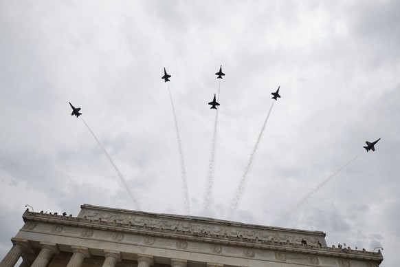 The Blue Angels, the United States Navy&#039;s flight demonstration squadron, flies over the Lincoln Memorial during an Independence Day celebration with President Donald Trump, Thursday, July 4, 2019 ...