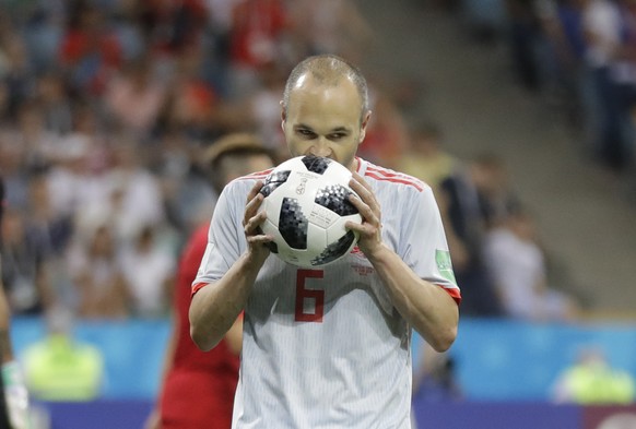 Spain&#039;s Andres Iniesta celebrates after his side&#039;s first goal during the group B match between Portugal and Spain at the 2018 soccer World Cup in the Fisht Stadium in Sochi, Russia, Friday,  ...