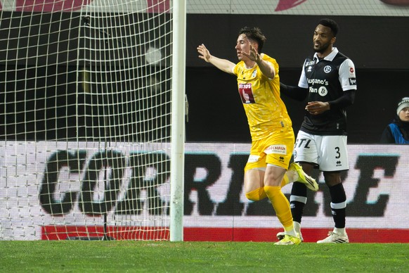 Andrej Vasovic (FCL), left, celebrates the 0 - 1 goal, during the Super League soccer match FC Lugano against FC Luzern, at the Cornaredo Stadium in Lugano, Saturday, March 07, 2026. .(KEYSTONE / Ti-P ...