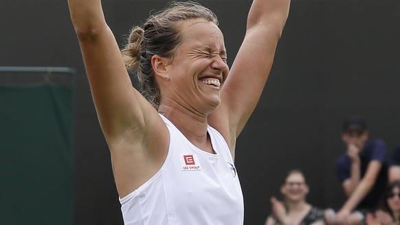 Czech Republic&#039;s Barbora Strycova celebrates after beating Netherland&#039;s Kiki Bertens in a Women&#039;s singles match during day six of the Wimbledon Tennis Championships in London, Saturday, ...