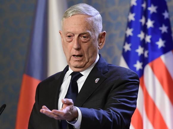 U.S. Defense Secretary Jim Mattis, talks to journalists during a press conference with Czech Prime Minister Andrej Babis, not shown, in Prague, Czech Republic, Sunday, Oct. 28, 2018. Mattis arrives in ...