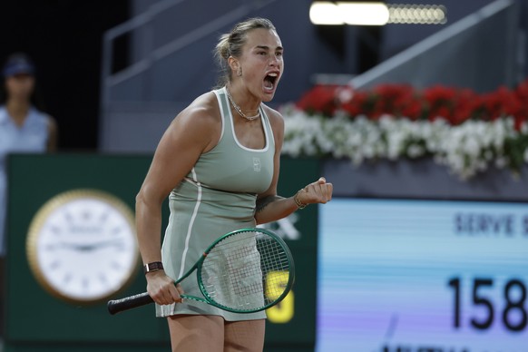 epa12920347 Aryna Sabalenka of Belarus reacts during her quarterfinals match against Hailey Baptiste of the USA at the Madrid Open tennis tournament in Madrid, Spain, 28 April 2026. EPA/JUANJO MARTIN