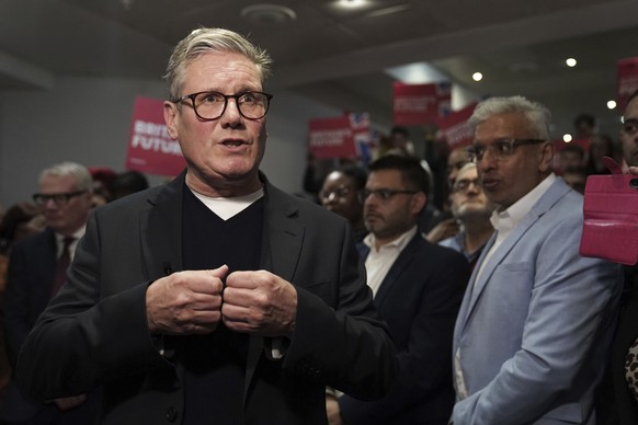 Labour Party leader Sir Keir Starmer speaks to the media as he celebrates with newly-elected Mayor of West Midlands Richard Parker, not pictured, at the International Convention Centre in Birmingham,  ...