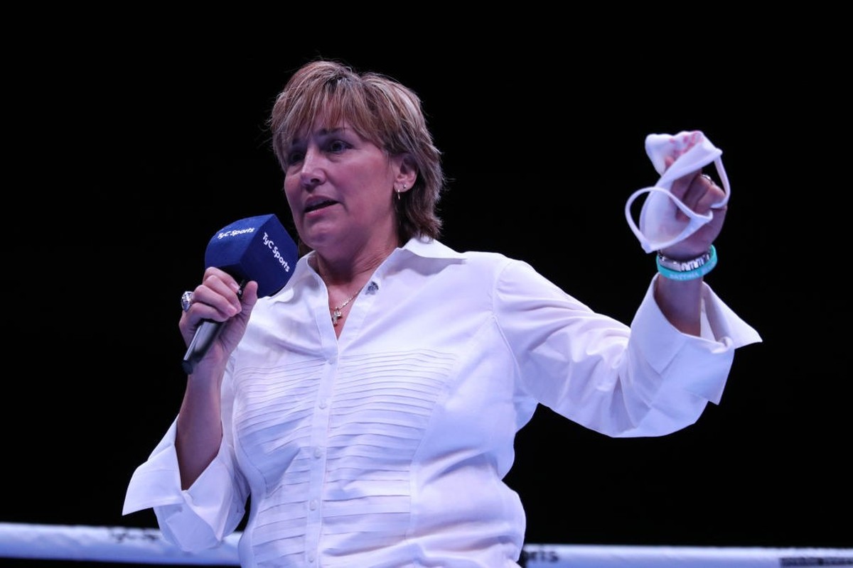 DAYTONA BEACH, FL - AUGUST 15: Promoter Christy Martin speaks in the ring during the Alberto Ignacio Palmetta v Tre'Sean Wiggins boxing match at the Ocean Center on August 15, 2020 in Daytona Bea ...