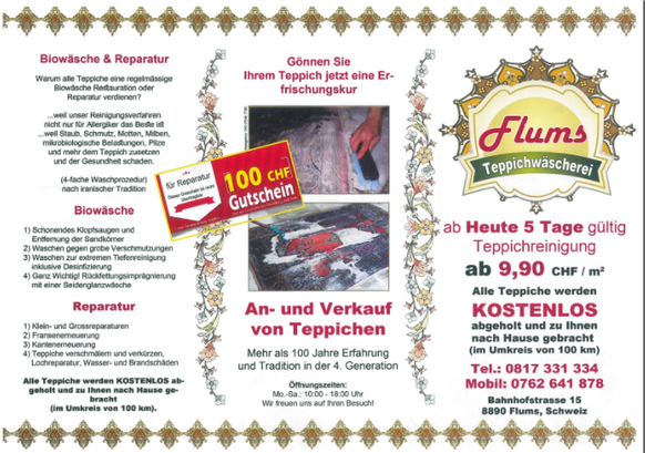 Flyer der Teppichwäscherei Flums. Vor deren Geschäftspraktiken warnt die Kantonspolizei Graubünden