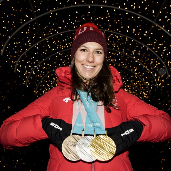 Wendy Holdener of Switzerland poses with the Gold, Silver and Bronze medals at the House of Switzerland after the Alpine Skiing Team event during the XXIII Winter Olympics 2018 in Pyeongchang, South K ...