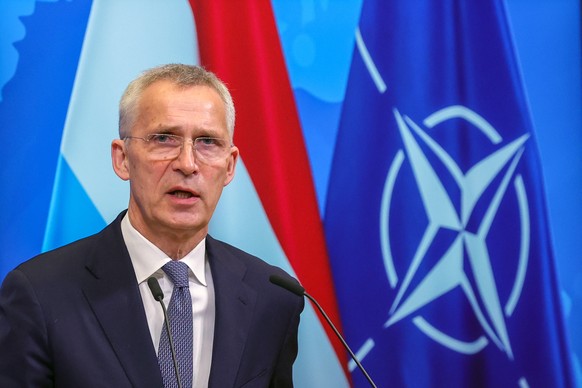 epa10594039 NATO Secretary General Jens Stoltenberg speaks speaks during a joint statement with Luxembourg&#039;s prime minister at a press conference at Alliance headquarters in Brussels, Belgium, 27 ...