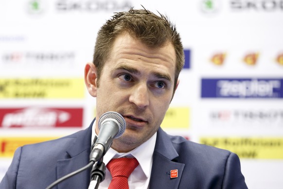 Raeto Raffainer, Director of National Teams of the Swiss Ice Hockey, speaks to the media during a press conference after Switzerland&#039;s team is eliminated of the tournament of the IIHF 2016 World  ...