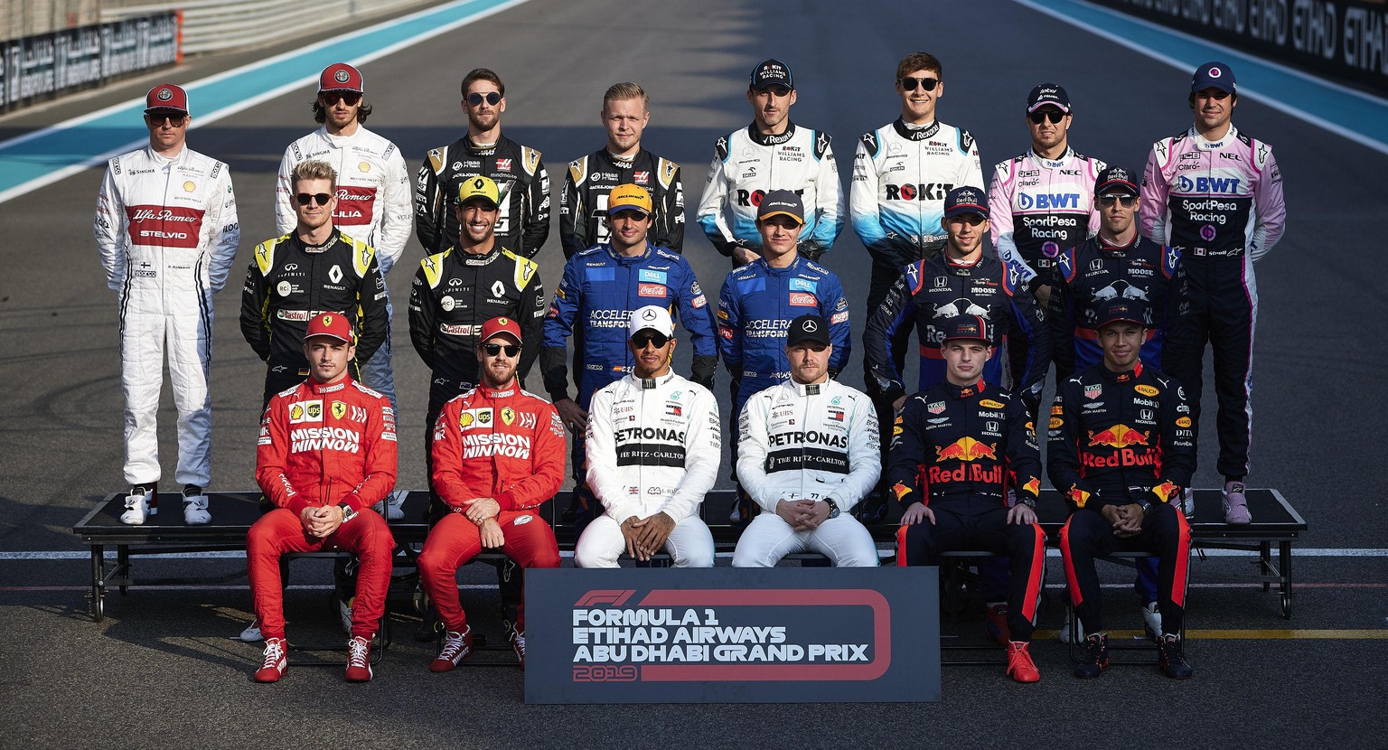 December 1, 2019, Abu Dhabi, United Arab Emirates: top L to R Kimi Raikkonen of Finland, Antonio Giovinazzi of Italy, Romain Grosjean of France, Kevin Magnussen of Denmark, Robert Kubica of Poland, Ge ...