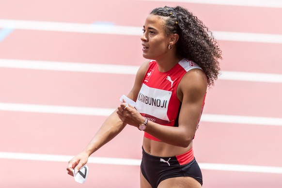 Ditaji Kambundji of Switzerland leaving the arena after the first round of the womenÕs 100 m hurdles at the 2020 Tokyo Summer Olympics Games in Tokyo, Japan, on Saturday, July 31, 2021 ( KEYSTONE/ATHL ...