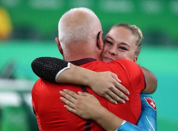 epa05484267 Giulia Steingruber of Switzerland reacts after an attempt during the women&#039;s Pole Vault Final competition of the Rio 2016 Olympic Games Artistic Gymnastics events at the Rio Olympic A ...