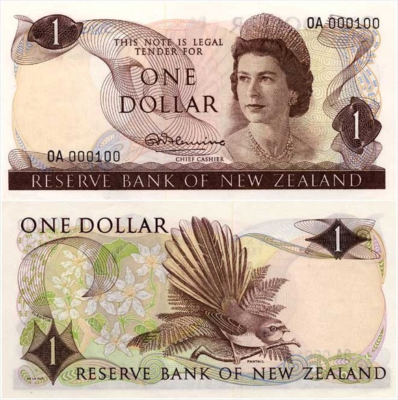 Die neuen Banknoten zu 1, 2, 5, 10, 20 und 100 Dollar wurden 1967 von einem neuseeländischen Komitee in Zusammenarbeit mit den Londoner Banknotendruckern Thomas De La Rue entworfen und ausgegeben. All ...