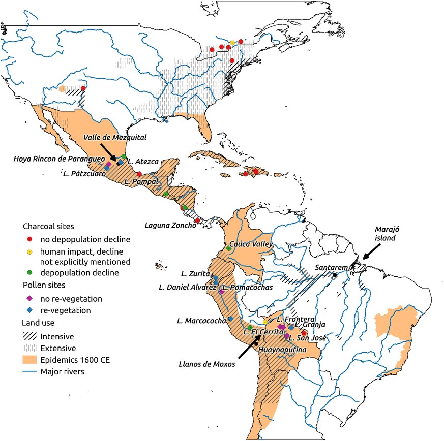 American Regions known to have been affected by disease outbreaks by 1600 CE and pre-Columbian land use. 
https://www.sciencedirect.com/science/article/pii/S0277379118307261