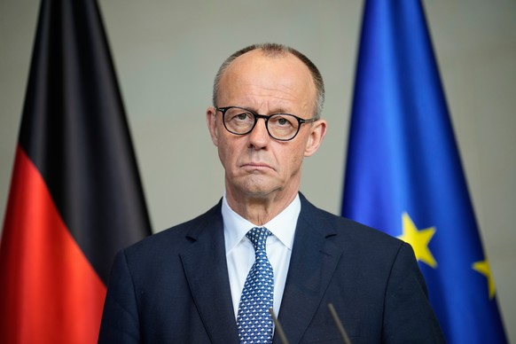 German Chancellor Friedrich Merz, attends a joint press conference with the Prime Minister of the Netherlands, Rob Jetten after their meeting at the chancellery in Berlin, Germany, Monday, March 16, 2 ...