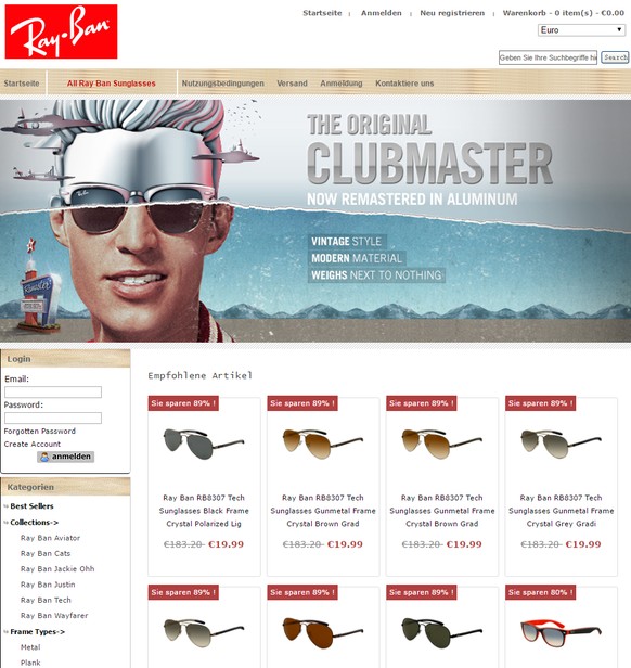 Der gefälschte Online-Shop lockt Ray-Ban-Fans mit Rabatten in die Falle.