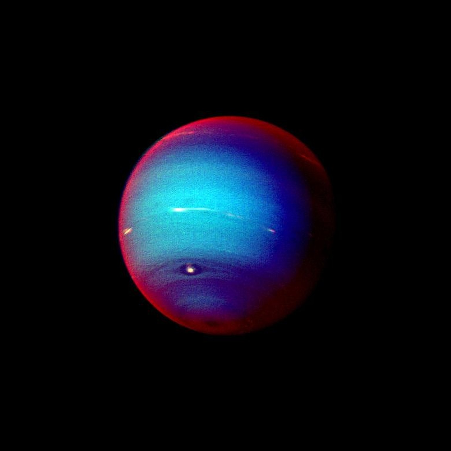 This false color photograph of Neptune was made from NASA's Voyager 2 images taken through three filters: blue, green, and a filter that passes light at a wavelength that is absorbed by methane g ...