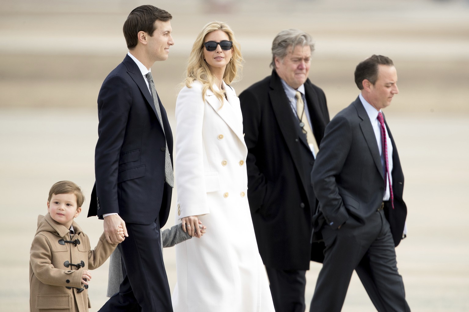 Ivanka Trump, daughter of President Donald Trump, her husband, senior adviser Jared Kushner, their two children Arabella Kushner and Joseph Kushner, Chief White House Strategist Steve Bannon, second f ...