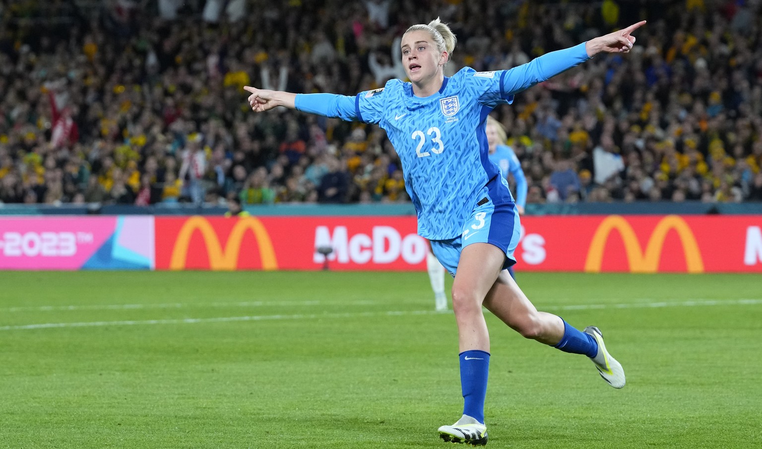 England&#039;s Alessia Russo celebrates after scoring her side&#039;s third goal during the Women&#039;s World Cup semifinal soccer match between Australia and England at Stadium Australia in Sydney,  ...