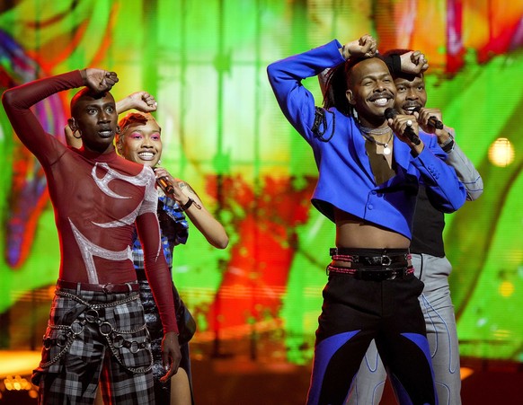 epa09217592 Jeangu Macrooy (C) from the Netherlands with the song &#039;Birth Of A New Age&#039; performs during the dress rehearsal for the Grand Final of the 65th annual Eurovision Song Contest (ESC ...