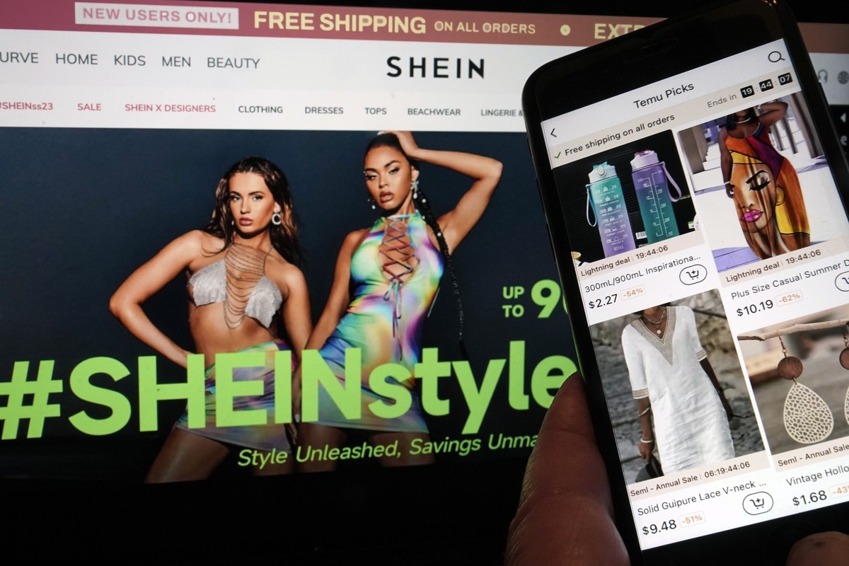 FILE - Pages from the Shein website, left, and from the Temu site, right, are shown in this photo, in New York, Friday, June 23, 2023. Online fast-fashion retailer Shein must face the European Union&# ...