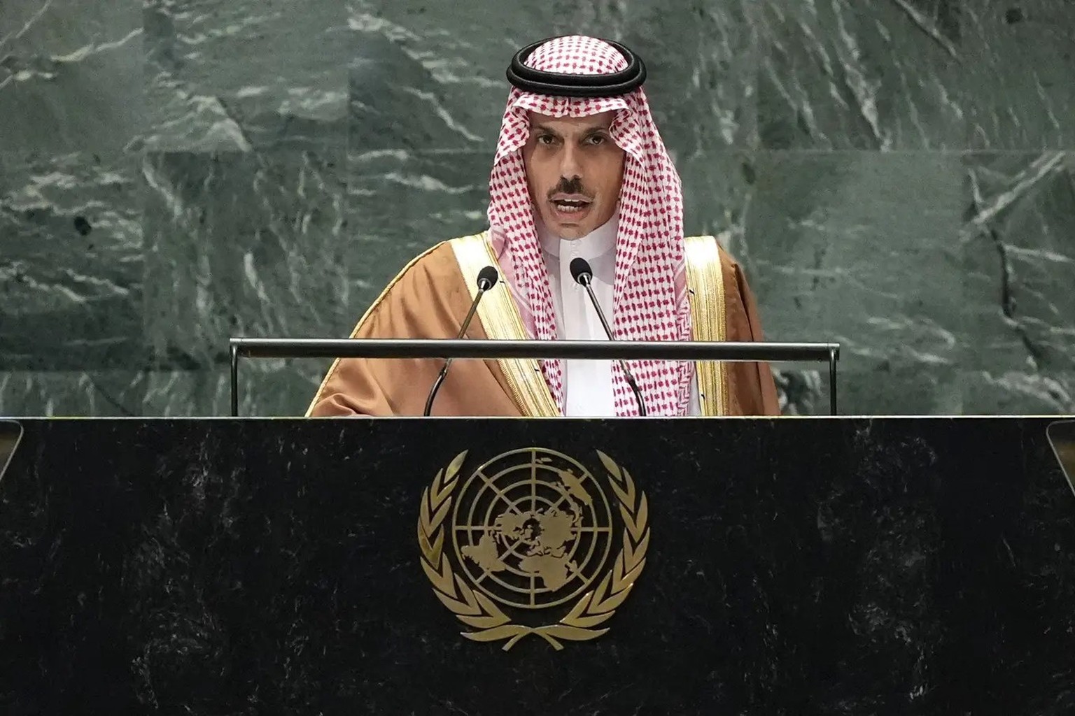 Der saudische Aussenminister Prinz Faisal bin Farhan Al-Saud vor der UNO.