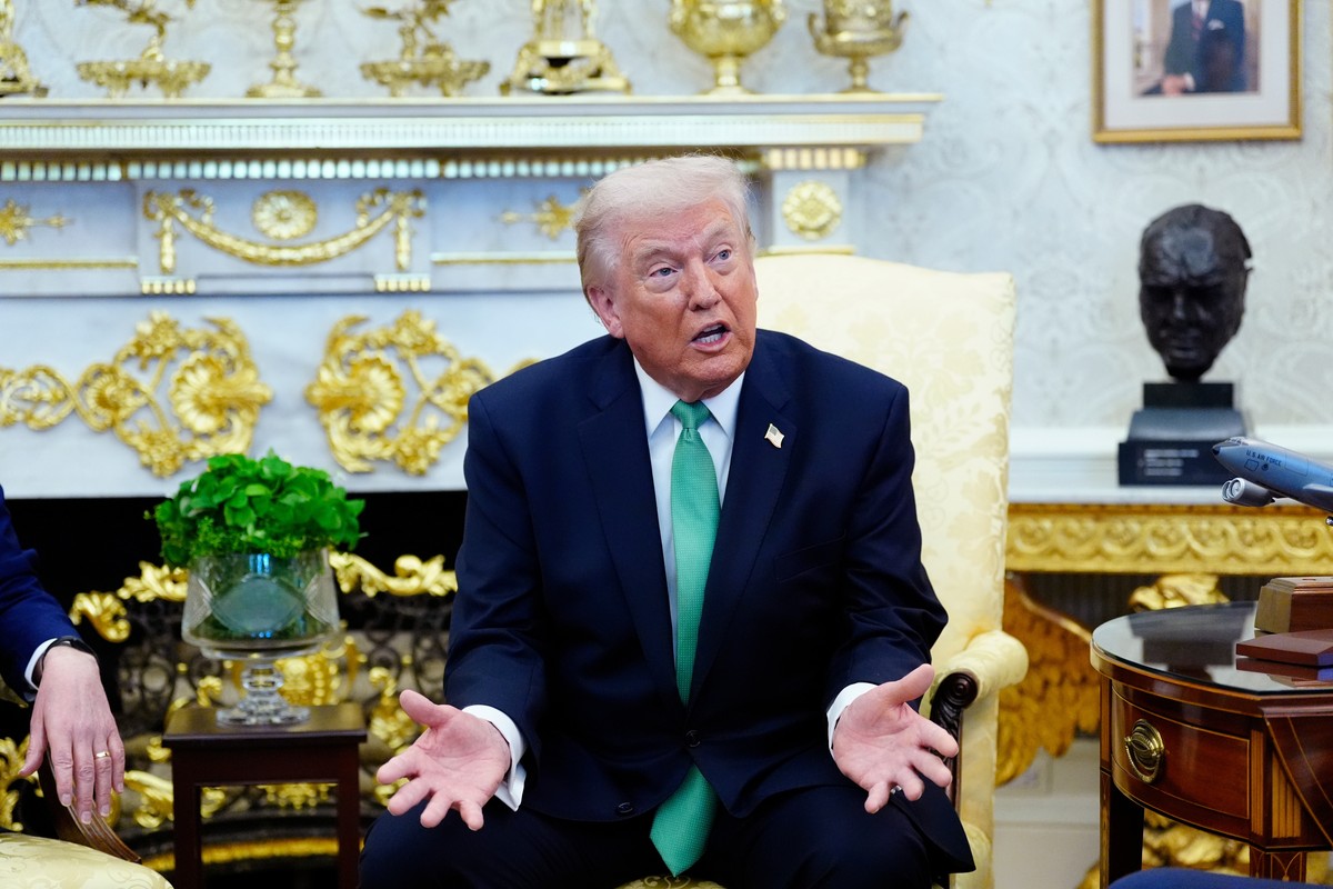 President Donald Trump speaks during a meeting with Irish Prime Minister Micheál Martin in the Oval Office of the White House, on St. Patrick's Day, Tuesday, March 17, 2026, in Washington. (AP Ph ...