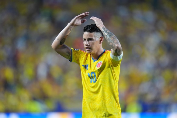 Colombia's James Rodriguez reacts during the World Cup round of 32 soccer match between Colombia and Ghana in Kansas City, Mo., Friday, July 3, 2026. (AP Photo/Jeff Roberson)
James Rodriguez