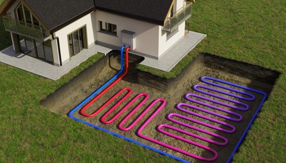 Wärmepumpe.

Horizontales Erdwärmepumpensystem zur Heizung von Wohnraum mit geothermischer Energie. 3D-gerenderte Abbildung.