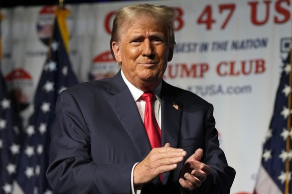 Republican presidential candidate former President Donald Trump gestures after speaking Wednesday, Oct. 11, 2023, at Palm Beach County Convention Center in West Palm Beach, Fla. (AP Photo/Rebecca Blac ...