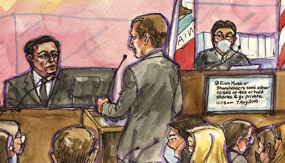 In this courtroom sketch is Elon Musk, left, with one of his tweets displayed on a screen and shareholder attorney Nicholas Porritt in federal court as U.S. District Judge Edward Chen, right, looks on ...