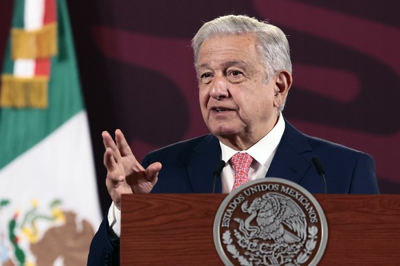 epa11064836 Mexican President Andres Manuel Lopez Obrador speaks during his daily press conference at the Palacio Nacional in Mexico City, Mexico, 08 January 2024. EPA/JOSE MENDEZ