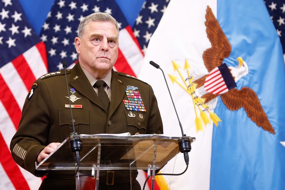 epa10238919 Chief of Staff of the US Army General Mark A. Milley attends a press conference at the end of the Meeting of the Ukraine Defense Contact Group as part of a NATO Council of Defense Minister ...
