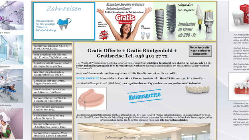 Auf der Website wirbt der Spreitenbacher Unternehmer mit billigen Preisen, gratis Reisen und hochwertige Behandlung.