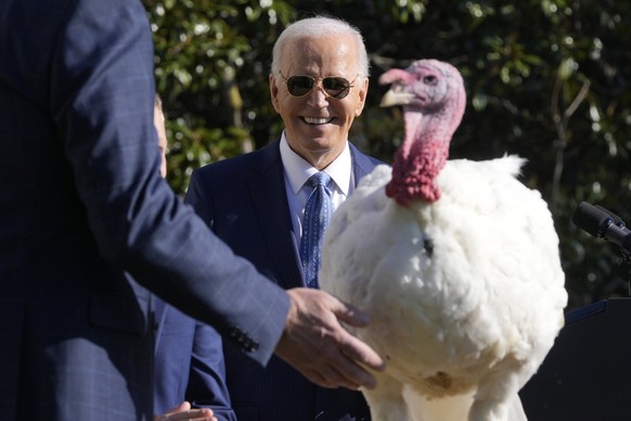 President Joe Biden is pictured after pardoning the national Thanksgiving turkey, Peach, during a ceremony on the South Lawn of the White House in Washington, Monday, Nov. 25, 2024. (AP Photo/Mark Sch ...