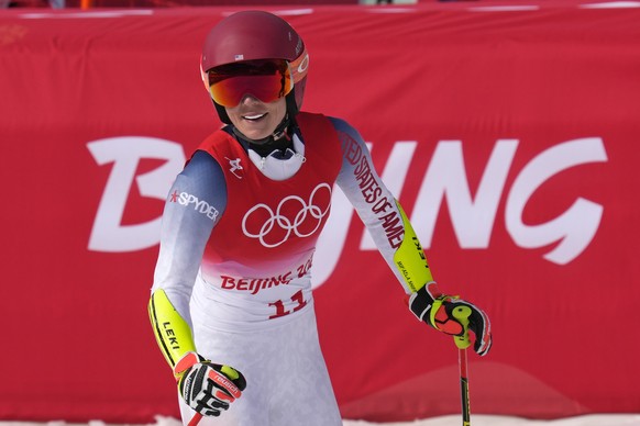 Mikaela Shiffrin, of United States reacts after finishing the women&#039;s super-G at the 2022 Winter Olympics, Friday, Feb. 11, 2022, in the Yanqing district of Beijing. (AP Photo/Luca Bruno)