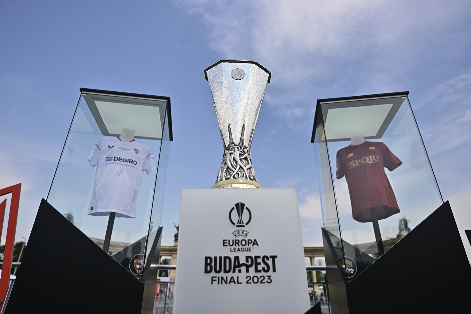 The UEFA Europa League Trophy is displayed in the Fan Zone at Heroes Square in Budapest, Hungary, Tuesday, May 30, 2023 one day before of UEFA Europa League final soccer match between Spanish club FC  ...