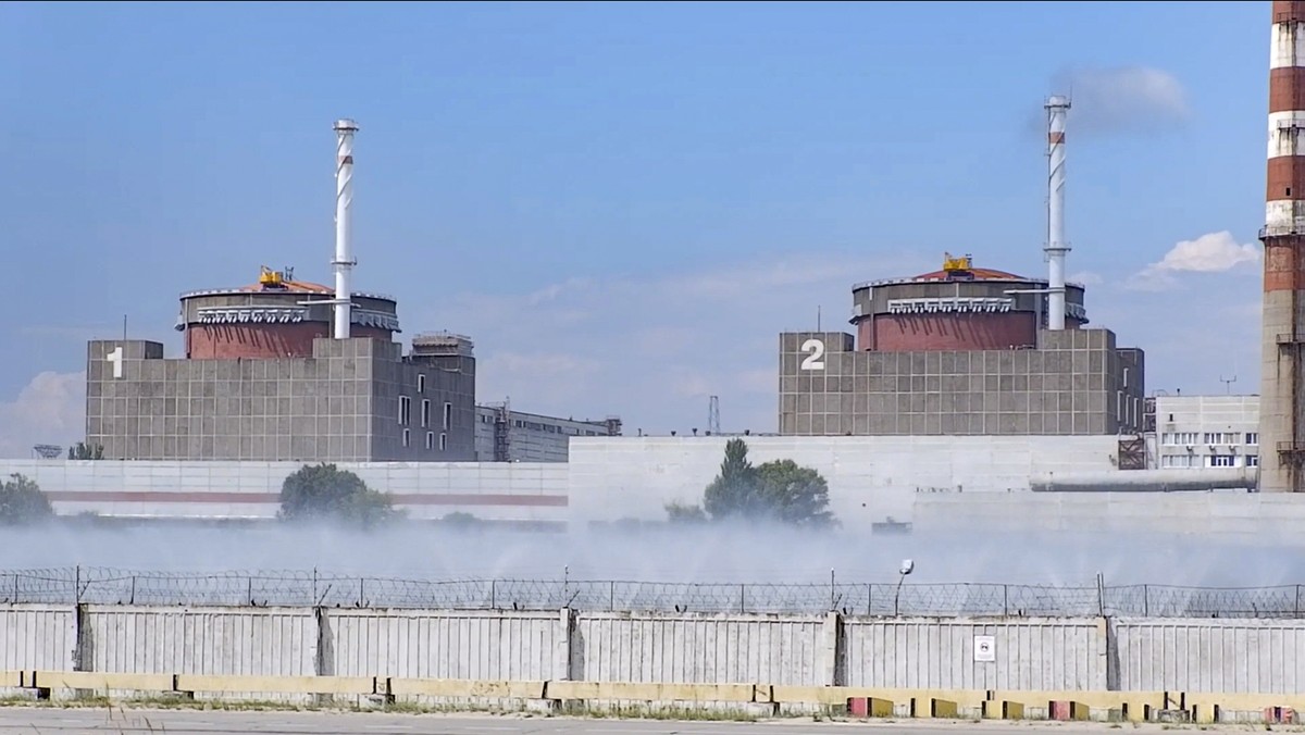 epa10110517 A still image taken a handout video provided by the Russian Defence Ministry's press service shows a general view of the Zaporizhzhia Nuclear Power Station (ZNPP) in Enerhodar, southe ...