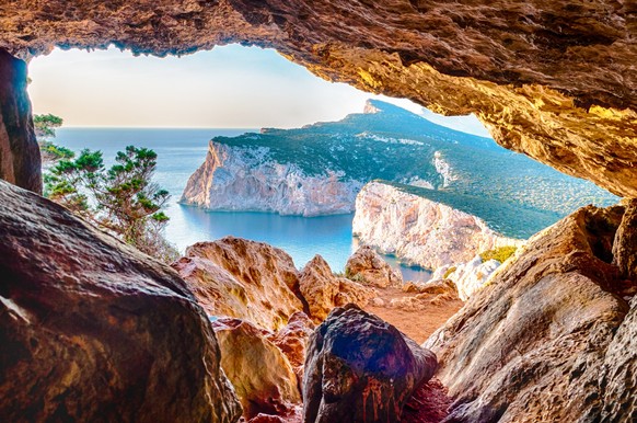 Landscape of the gulf of capo caccia from the Cave of broken vessels at sunset xkwx Alghero, Cave of broken vessels, adventure, beach, blue, capo caccia, capocaccia, coast, coastline, grotta dei vasi  ...