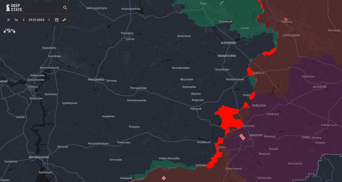 Rouge: gains territoriaux russes en Ukraine depuis le 1er janvier 2024.