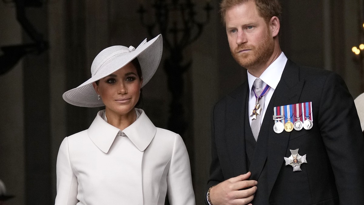 FILE - Prince Harry and Meghan Markle, Duke and Duchess of Sussex leave after a service of thanksgiving for the reign of Queen Elizabeth II at St Paul's Cathedral in London, Friday, June 3, 2022  ...