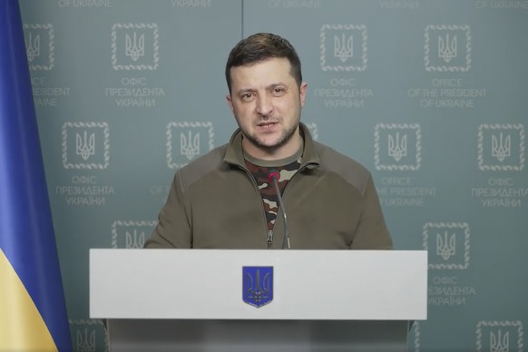 In this image from video provided by the Ukrainian Presidential Press Office, Ukrainian President Volodymyr Zelenskyy speaks in Kyiv, Ukraine, Sunday, March 6, 2022. (Ukrainian Presidential Press Offi ...