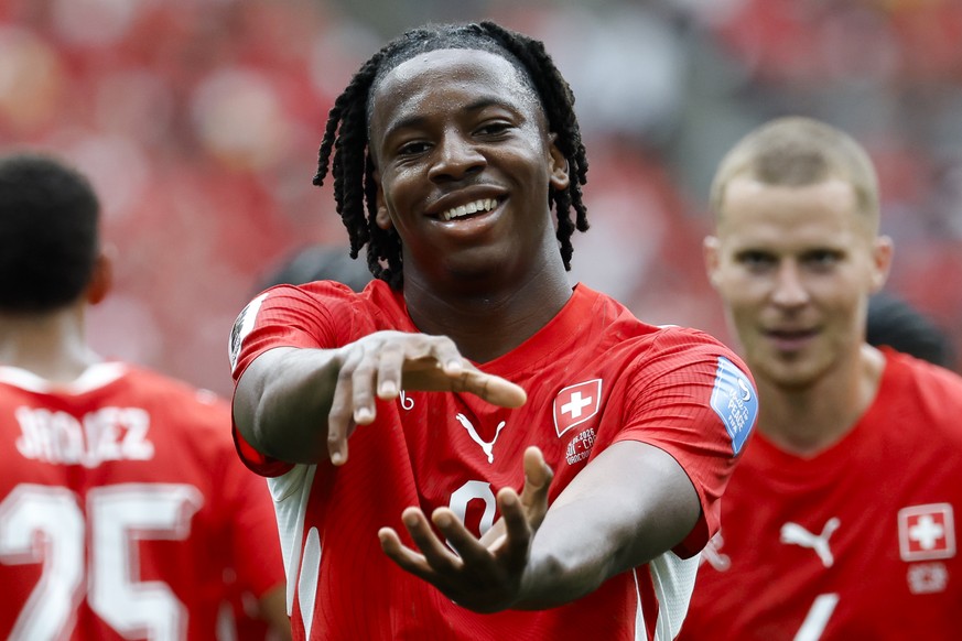 KEYPIX - Switzerland's Johan Manzambi celebrates after scoring the second goal during the World Cup Group B soccer match between Switzerland and Canada at the BC Place stadium in Vancouver, Canad ...