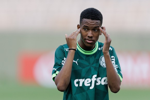 epa11080907 Palmeiras forward Estevao reacts during the Sao Paulo Cup youth soccer tournament between Asper and Palmeiras in Barueri, Brazil, 15 January 2024. Estevao is in the sights of several Europ ...